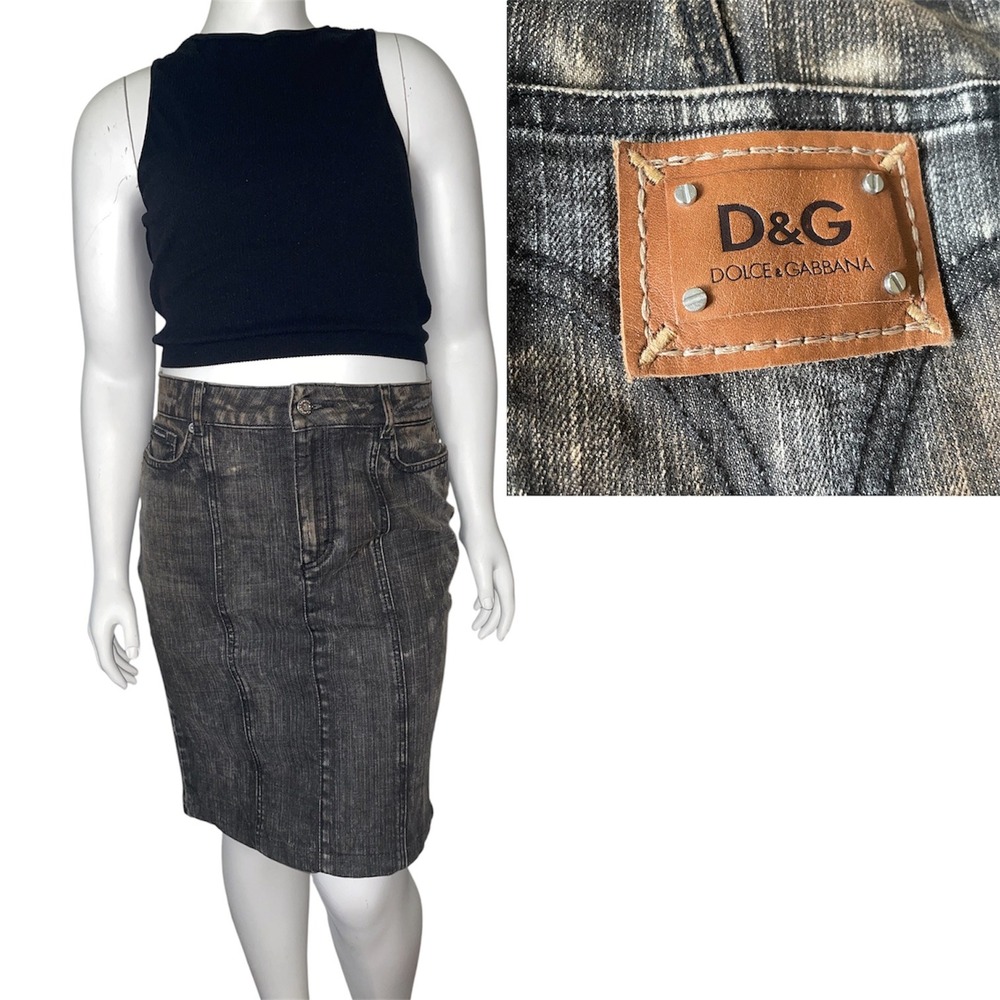 D&G Dolce & Gabbana Womens Acid Wash Denim SZ 10 Skirt Grey Made in Italy Logo